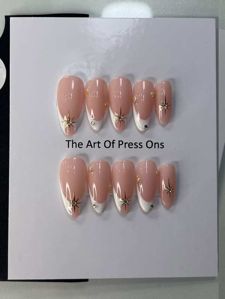 10 piezas de pegatinas de uñas con forma de almendra, estilo de manicura francesa elegante con bordes, con destellos, cuentas, perlas y rhinestones, set de uñas postizas removibles de cobertura completa, adecuado para damas de oficina, estudiantes, chicas de fiesta y todas las estaciones, incluye 1 botella de esmalte de gel y 1 lima de uñas. - Follow Your Heart - Añade 4