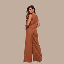 Stylish Women's Linen Pants And Blouse Set - Óxido marrón - Ver 2