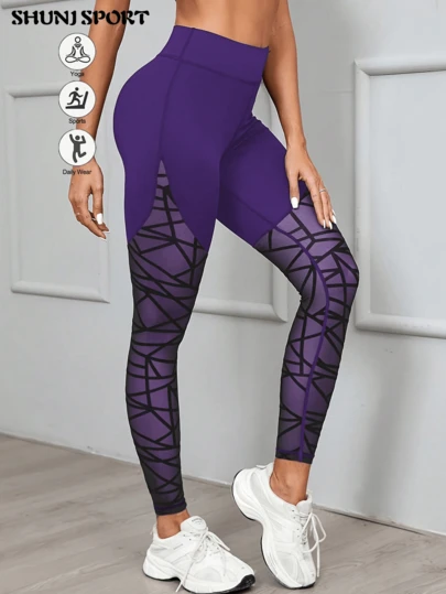Quần legging cạp cao phối lưới hình học, quần tập yoga, thể dục giúp thon gọn vóc dáng, quần skinny dài đến mắt cá chân gợi cảm.