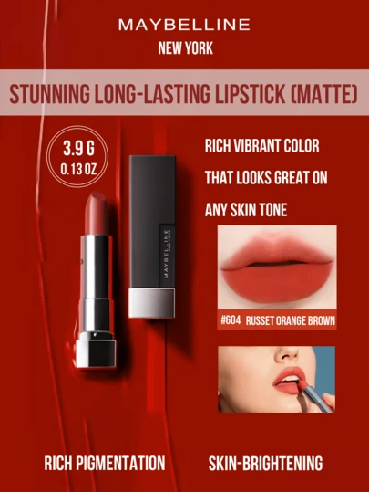 Stunning Long-Lasting Matte Lipstick #604 Reddish Brown 3.9g/0.13oz, Velvety Matte Finish, High Color Payoff, Brightens Complexion, Suitable For All Skin Tones, Just One Swipe Reveals Vibrant, Saturated Color, Warm Undertone Adds Alluring Charm. 3-Step Easy Application: Twist & Apply, Blend & Contour Lips, Create Luxurious Everyday Lip Look, Long-Lasting Wear All Day. Elegant Piano Lacquer Soft-Matte Sandblasted Packaging, Travel-Friendly, Makeup Essential Anytime Anywhere.