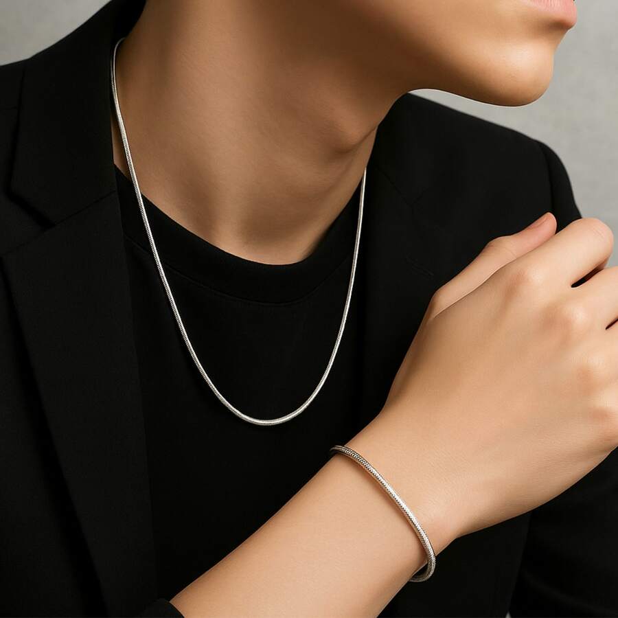 Silver Stainless Steel Rat Tail Necklace And Bracelet Cord Kit - Silver - View 1