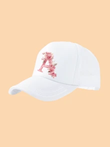 1顶女童白色粉色字母玫瑰图案网眼卡车帽，镂空后背设计，时尚甜美，轻便透气，遮阳，适合作为生日/节日礼物，春夏户外、学校、休闲穿着。 - 白色 - 查看 14