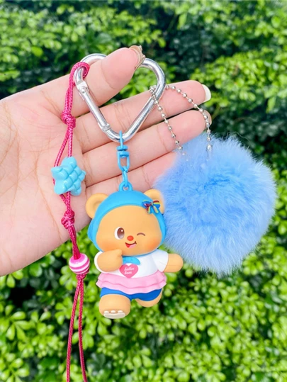 Butter Bear “Shining Superstar” Series Keychain – Adorable Angel Bear Figure with Blue Fluffy Pom-Pom, Soft Plush + Durable PVC Design for Bags/Backpacks/Keys, Kawaii Daily Accessory for Teens & Girls, Cute Collectible Charm for School, Travel, Work & Griship-Giadm/Fas)