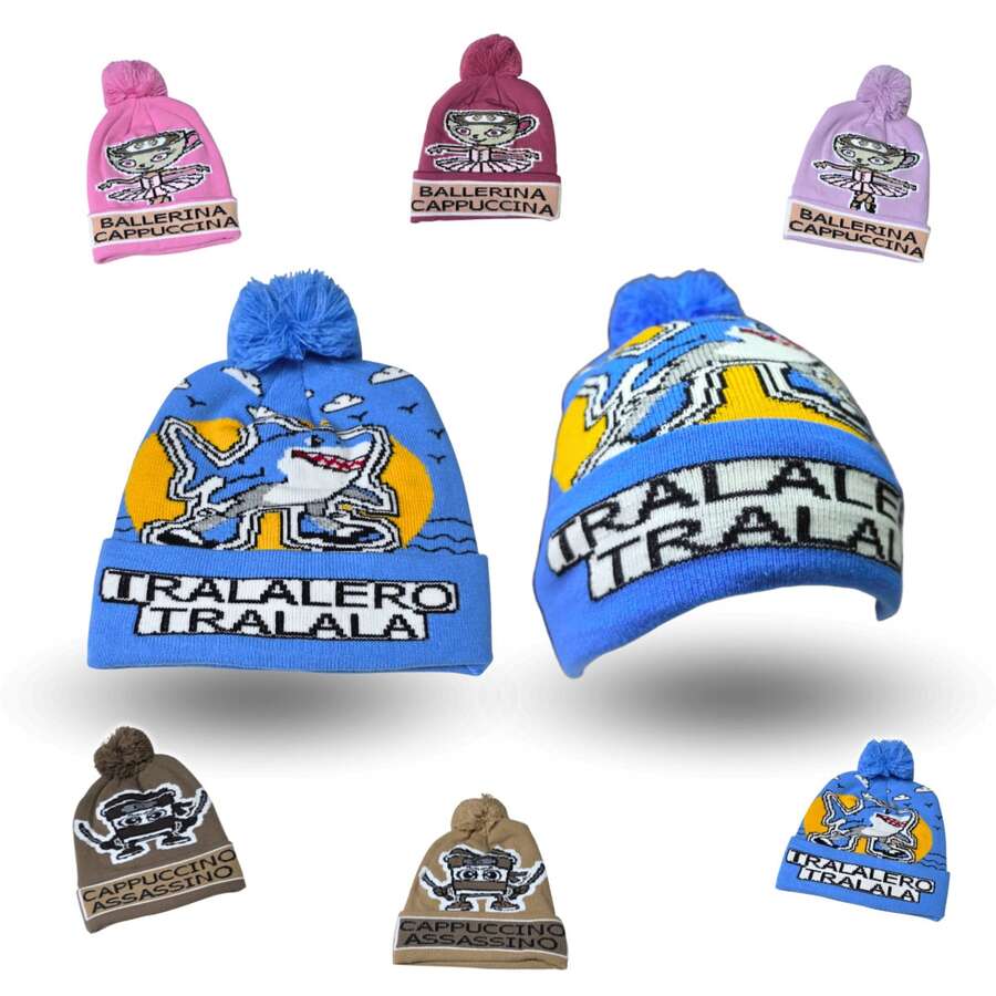 12 piezas surtidas de Gorro infantil tejido con personajes de Brainrot italiano, modelos Tralalero Tralalá, Ballerina Capuccina y Cappuccino Assassino, suave y cálido, con pompón y diseño cómodo para invierno - Brainrot - Ver 1