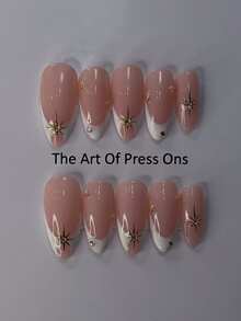 10片杏仁形美甲贴纸，优雅法式美甲风格，带边缘、星光、珠子、珍珠和水钻，全覆盖可卸假指甲套装，适合办公室女士、学生、派对女孩和所有季节，包括1瓶凝胶指甲油和1个指甲锉。 - Follow Your Heart - 查看 5