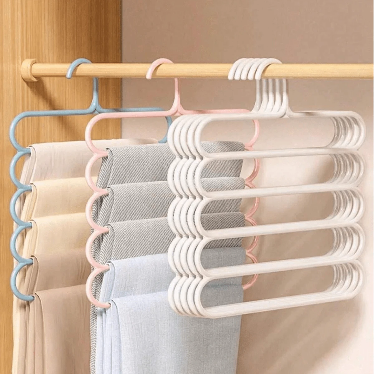 5-Layer Multifunctional Pants Rack, Wardrobe Space Saving Hanging Pants Rack, Household Anti Slip Multi-Layer Pants Storage Hanger, Multi-Purpose Hair Clip Storage Rack (3 Pieces) - White - View 1