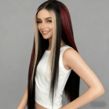 【臭鼬条纹假发】高光红金色直发真人发假发，13X4透明前额蕾丝，P1B/BUG/白金色，巴西雷米发，预先拔毛，自然发际线，无胶 - SNatural/22/27A/613 - 查看 6