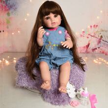 Bebê Sweetie Reborn Jardineira Jeans Flores Premium 55cm - Multicolorido - Visão 9