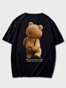 男士休闲百搭简约毛绒熊及英文标语印花短袖T恤 - 黑色 - 查看 1