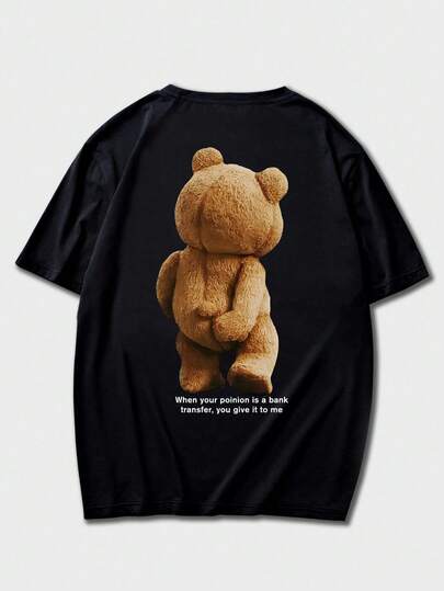 男士休闲百搭简约毛绒熊及英文标语印花短袖T恤