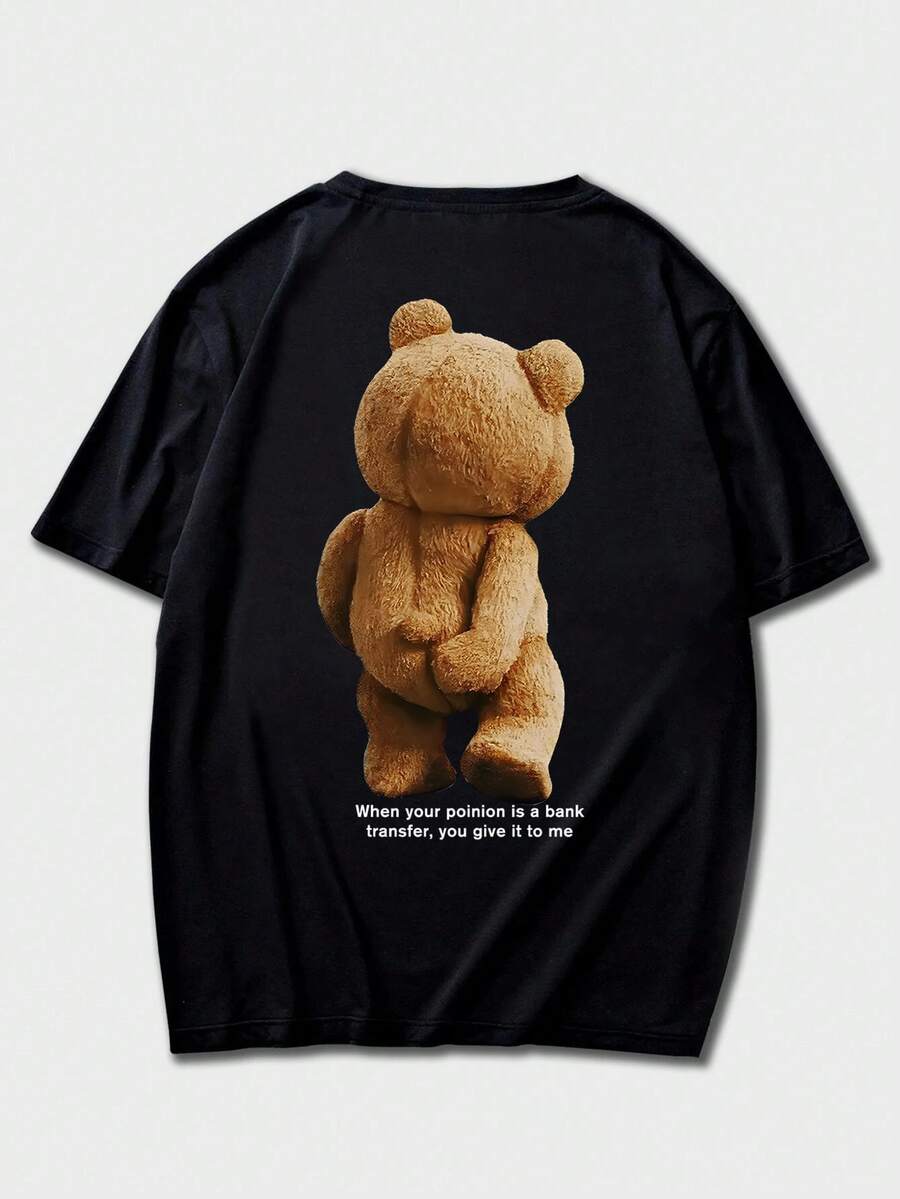 男士休闲百搭简约毛绒熊及英文标语印花短袖T恤 - 黑色 - 查看 1