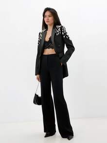 Women's Rhinestone Long Blazer Dress Jacket Luxury Handmade Diamond Satin Collar Double Breasted Women Suit Outfits For Wedding Party Prom - màu đen - Xem 4