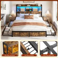 EnHomee Full/Queen/King Size 51" Tall Bed Frame With 4 Large Drawers & Charging Station & LED Lights Metal Platform Bed With Bookcase Headboard 9 Compartments, No Noise, Rustic Brown - 查看 7