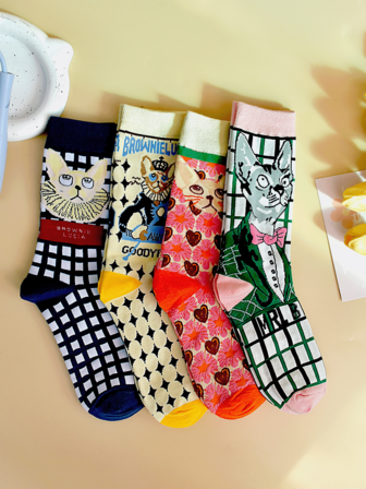 4双男士中筒袜，猫咪图案，时尚百搭，适合所有季节