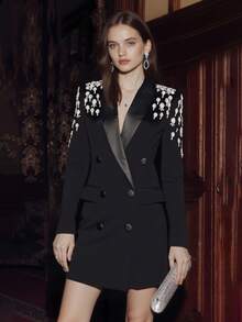 Women's Rhinestone Long Blazer Dress Jacket Luxury Handmade Diamond Satin Collar Double Breasted Women Suit Outfits For Wedding Party Prom - màu đen - Xem 2