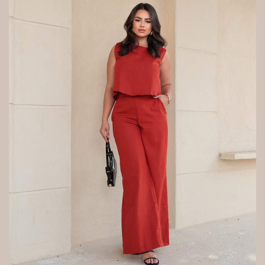Stylish Women's Linen Pants And Blouse Set - Rosa coral - Ver 1