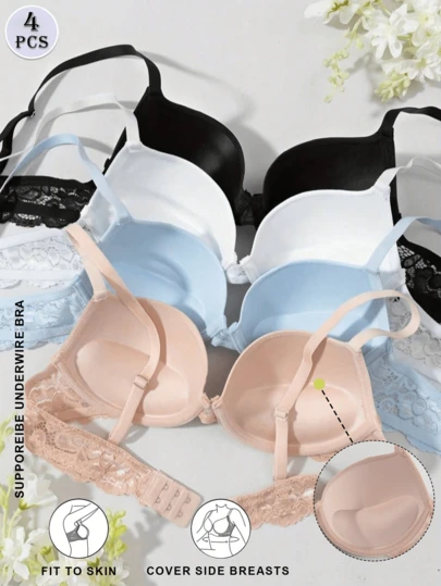 4pcs Women's Solid Color Contrast Lace Comfortable Supportive Bra