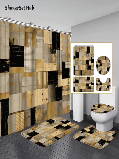 1/3/4件套抽象几何图案浴帘浴室套装，黑色金色复古拼贴防水耐磨配件，带12个挂钩 - 包括马桶座套、浴垫和地毯 - 塑料面料 - 可水洗，防霉 - 非常适合节日装饰、家居/卧室/住宅/西式/春季装饰