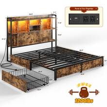 EnHomee Full/Queen/King Size 51" Tall Bed Frame With 4 Large Drawers & Charging Station & LED Lights Metal Platform Bed With Bookcase Headboard 9 Compartments, No Noise, Rustic Brown - 鏽棕色 - 查看 10