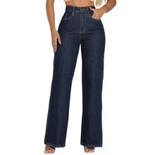 Calça Wide Leg Feminina Jeans Cintura Alta   elegante  Festa  Fofo    Jeans    Bolso  Zíper  Botão    Reta  Noite  Diário  Escola    Atemporal - Escura - Visão 1