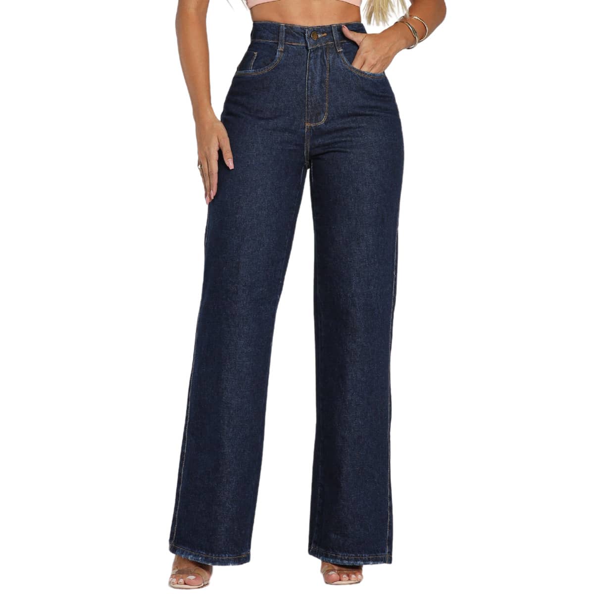 Calça Wide Leg Feminina Jeans Cintura Alta elegante Festa Fofo Jeans Bolso Zíper Botão Reta Noite Diário Escola Atemporal - Escura - Visão 1