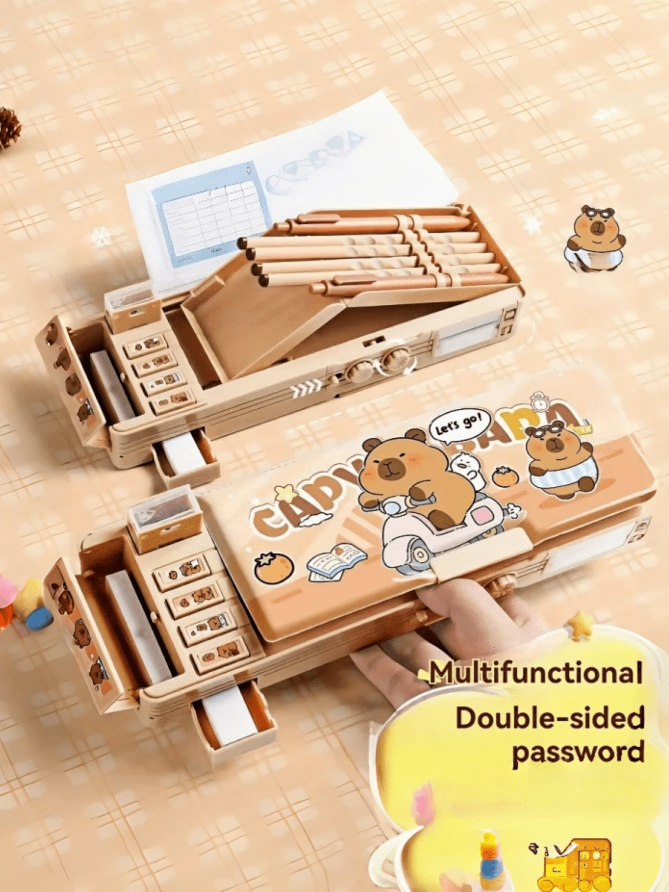 1pc Multifunctional Double-Sided Capybara Pattern Pencil Case - Includes Pencil Sharpener, Schedule Planner, Multiplication Table, Whiteboard And Drawer-Style School Supplies Storage, With Combination Lock - Multicolor - View 1