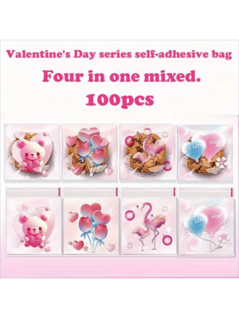 100/200/300pcs Heart Print Gift Bags, Happy Valentine's Day Gift Packaging Bags, Self-Adhesive Bags Suitable For Events, Parties, Weddings, Engagements, Anniversaries, Valentine's Day Decoration