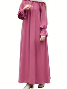 A Casual Pink Dress For Daily Use, With Loose Long Sleeves And No Headscarf, Made Of Draping Fabric, Creates A Retro And Elegant Style Dress - Pink - View 5