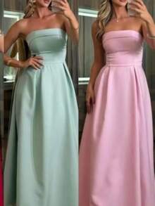 Elegant Strapless Long Dress With Built-In Bra Cups And Back Tie. Chic, Elegant Party Dress For Casual Occasions. - 嬰兒綠 - 查看 1