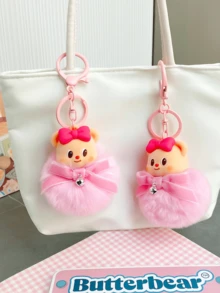 Butter Bear Pink Pom-Pom Keychain – Kawaii Love Bear Charm With Soft Pink Fuzzy Pom-Pom, Durable PVC + Plush Bag/Key Accessory, Cute Decoration For Handbags Backpacks Keyrings, Perfect For Girls Teens & Women, Ideal For Birthday Gifts Holiday Surprises Friendship Exchanges School/Office Daily Carry, Adorable Collectible For Kawaii Lovers