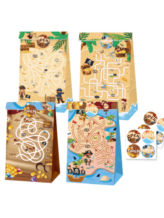 12Pcs/24Pcs Island Treasure Hunt Gift Bags Kraft Paper Bags Printed Island Treasure Hunt Gift Bags Portable Food Bags, Gift Bags, Candy Bags, Holiday Tote Bags, Party Food Bags With Stickers