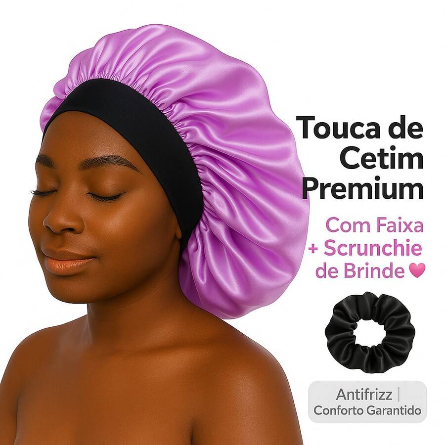 Premium Satin Bonnet With Headband + Anti-Frizz Scrunchie - Protects Hair And Prevents Frizz - Black Lilac - View 1