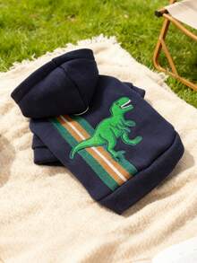 PETCIRCLE 1pc Pet Clothes Dog Cat Apparel Small Dog Puppy Cute Pet Autumn Winter Warm Casual Top Windproof Cold-Proof Adventure Dinosaur Sweatshirt - Navy Blue - Navy Blue - View 9