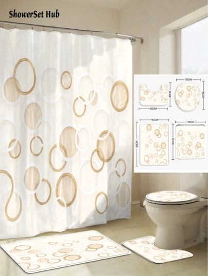 1/3/4pcs Elegant Beige Circle Shower Curtain Bathroom Sets,Minimalist Soft-Tone Waterproof And Wear-Resistant Accessories,With 12 Hooks - Includes Toilet Seat Cover, Bath Mats, And Rugs - Plastic Fabric - Washable,Mildew-Resistant - Perfect For Holiday Decor,Home/Bedroom/House/Western/Spring Decor,