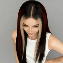 【臭鼬条纹假发】高光红金色直发真人发假发，13X4透明前额蕾丝，P1B/BUG/白金色，巴西雷米发，预先拔毛，自然发际线，无胶 - SNatural/22/27A/613 - 查看 8