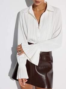 1pc Solid Color Polyester Pleated Front Button Long Sleeve Shirt, Elegant Ladies Blouse For Dates, Vacation, Spring/Summer/Autumn - White - View 4