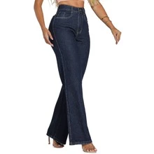 Calça Wide Leg Feminina Jeans Cintura Alta   elegante  Festa  Fofo    Jeans    Bolso  Zíper  Botão    Reta  Noite  Diário  Escola    Atemporal - Escura - Visão 3