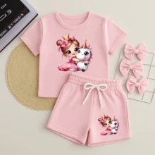 Girls' Set (T-Shirt And Shorts) With Princess Unicorn Print - Delicate And Cute - Sweatshirt Shorts - Cotton Blouse - 嬰兒粉(T卹)和嬰兒粉(T卹) - 查看 1