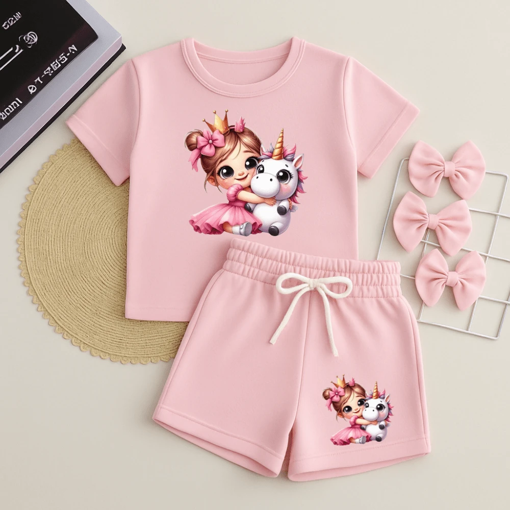 Girls' Set (T-Shirt And Shorts) With Princess Unicorn Print - Delicate And Cute - Sweatshirt Shorts - Cotton Blouse - 嬰兒粉(T卹)和嬰兒粉(T卹) - 查看 1