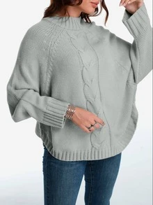 Plus Size Casual Solid Color Batwing Sleeve Pullover Sweater, Autumn/Winter - Ash - View 4