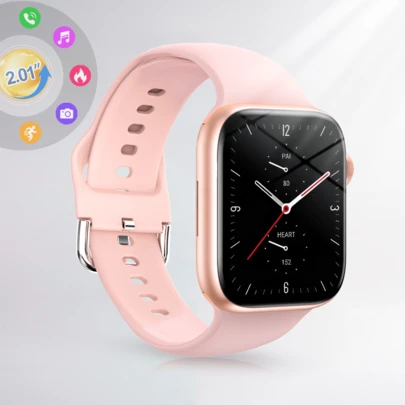 1个男女通用舒适硅胶表带智能手表，具备无线通话、计步器、卡路里计数器、距离追踪、多种运动模式、音乐控制、遥控拍照、通知提醒、闹钟功能，配备2.01英寸全屏触控显示屏，适合作为圣诞节或节日礼物。