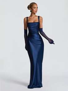 Elegant Satin Cinched Waist Bodycon Slip Dress, Long Gown For Halloween Party, Cocktail Party, Christmas Party - Navy Blue - View 10