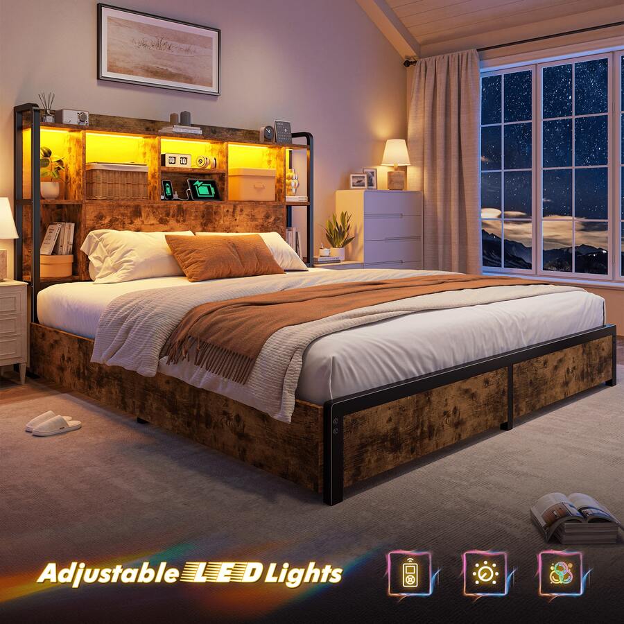EnHomee Full/Queen/King Size 51" Tall Bed Frame With 4 Large Drawers & Charging Station & LED Lights Metal Platform Bed With Bookcase Headboard 9 Compartments, No Noise, Rustic Brown - 查看 1