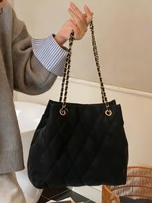 Large Capacity Fashion Tote Bag, Padded, Embroidered Quilted, Soft, Winter Chain Strap Shoulder Crossbody Bag For Women - Black - View 5