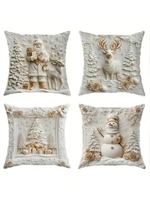 4 Peças Capas de Almofada Decorativas natalinas com Papai Noel, Boneco de Neve, Cervo e Árvore Floral, Engraçadas e de Luxo, Impressão 3D Branca e Dourada, Macias, Impressão em Um Lado, 45cm x 45cm, para Natal, Inverno, Sala de Estar, Quarto, Sofá e Cama, Sem Enchimento de Almofada - Multicolorido - Visão 8