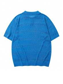 Áo len nam dáng rộng, cổ polo, tay ngắn, cài cúc, khoét lỗ, chất liệu hơi mỏng, màu xanh dương, thích hợp cho mùa xuân/hè. - Màu xanh lam - Xem 3