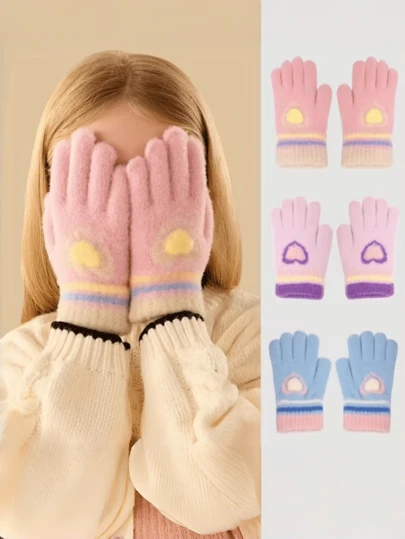 1 Pair Kids Winter Gloves, Girls Warm Windproof Fingerless Gloves With Cartoon Heart Design, Suitable For Boys And Girls, Suitable For Daily Outdoor Wear In Autumn/Winter