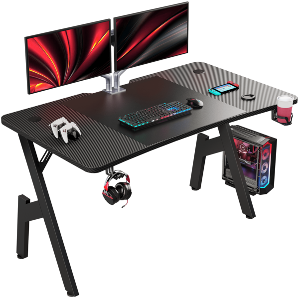  HLFurniture 120/140cm Gaming Desk: Ergonomic A-Shaped Large PC Desk With Cup Holder And Headphone Hook, Carbon Fiber Finish, Modern Home Office And Gaming Workstation, Black