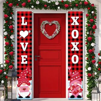 2pcs Valentine's Day Hanging Banner, Valentine's Day Porch Sign Decor For Home Indoor Outdoor Welcome Porch Wall Holiday (Plaid Style)