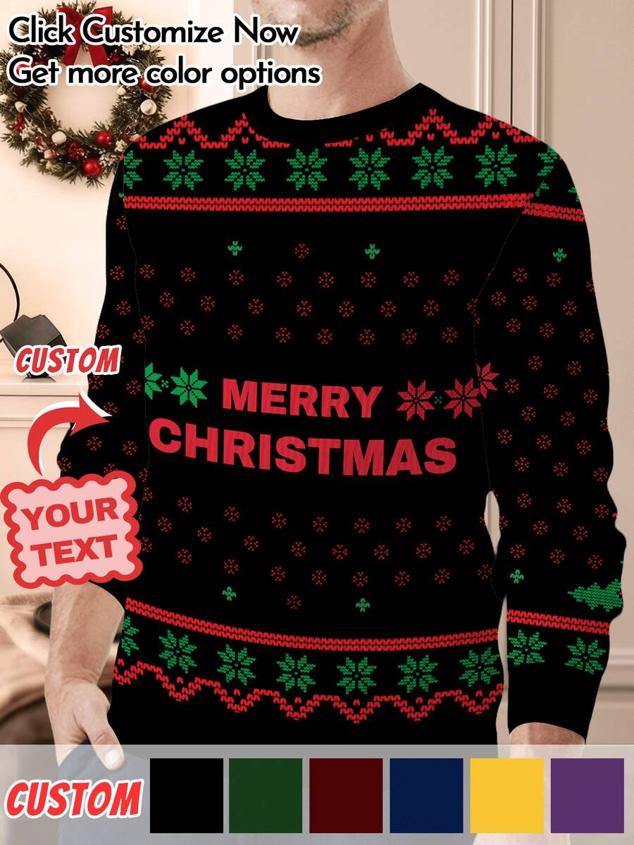 Customized Men's Casual Face Print Sweatshirt, Personalized Crew Neck Chunky Knit Sweatshirt, Men's Faux Knit Pullover, Upload Custom Photo, Personalized Funny Face Design, Couple Outfits, Fashionable & Comfortable, Ideal Holiday Gift For Boyfriend, Family, Friends